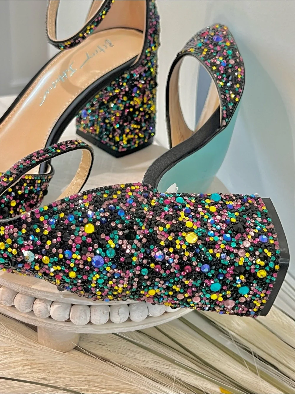 Betsey Johnson Black Multicolor Glitter Block Heel Sandals